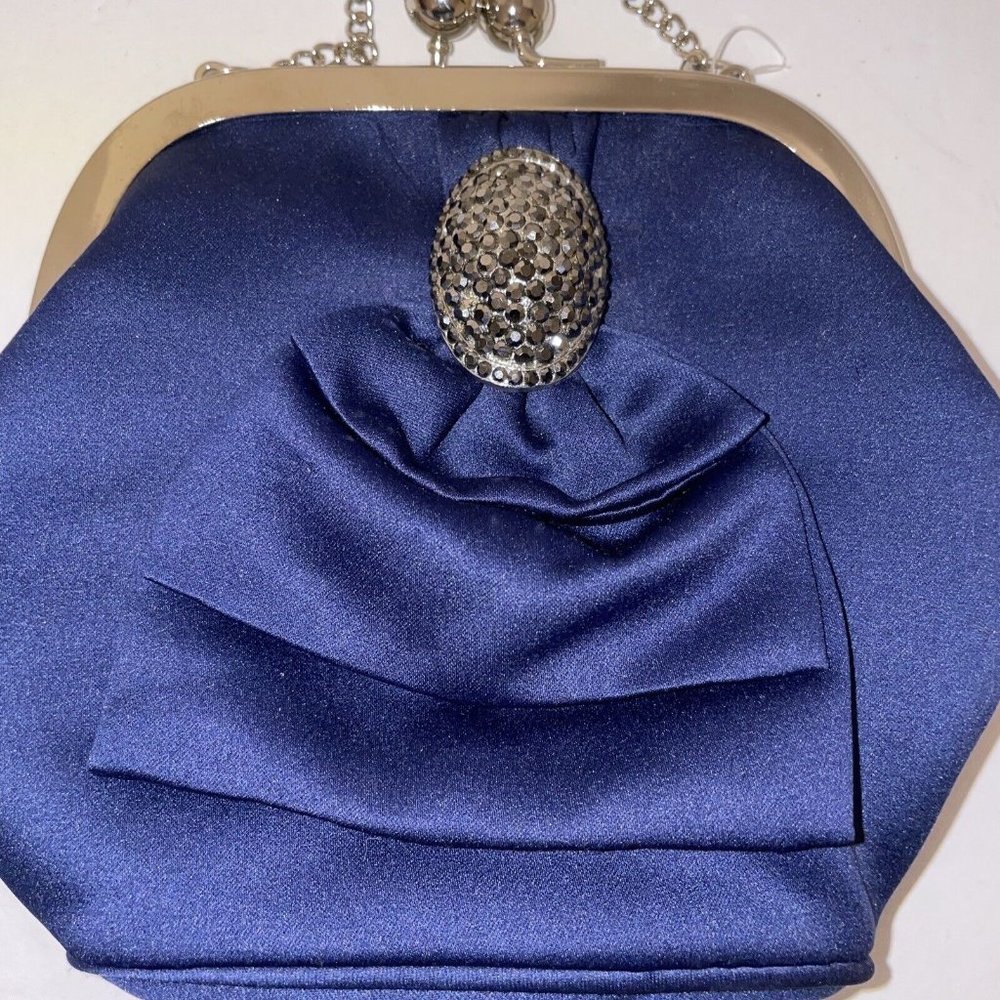 Small Navy Blue Formal Purse Clutch Or With Chain Strap Sequence Brooch Accent